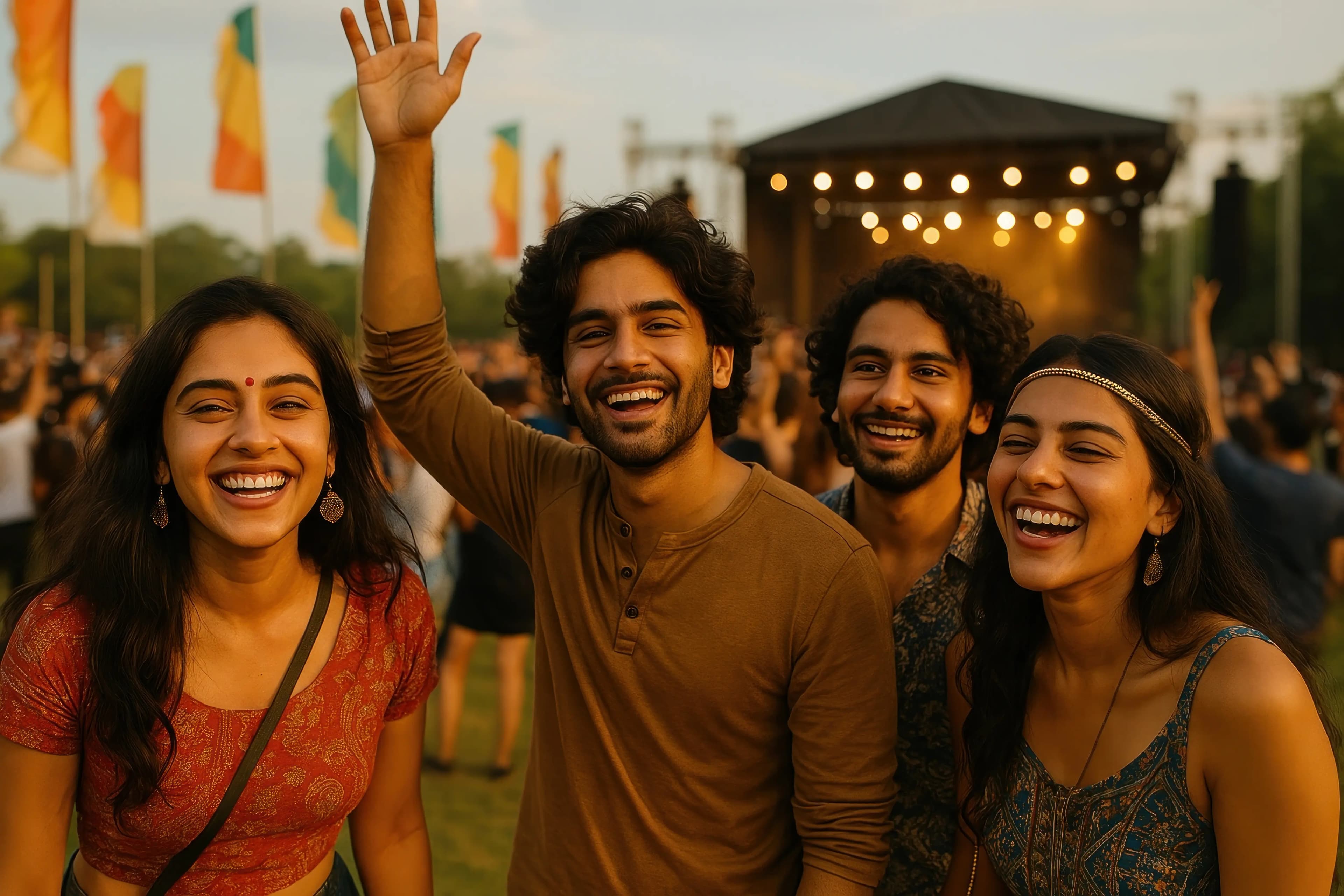 Happy friends enjoying an outdoor Indian arts music festival in Chicago